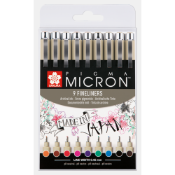 Set 9 feutres T 05 - couleurs 5 - 12 - 19 - 21 - 24 - 29 - 36 - 49 - 117, Micron, Sakura