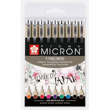 Set 9 feutres T 05 - couleurs 5 - 12 - 19 - 21 - 24 - 29 - 36 - 49 - 117, Micron, Sakura