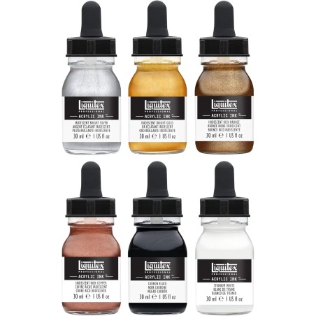 Set encres de couleurs tons métalliques 6 x 30ml, Liquitex