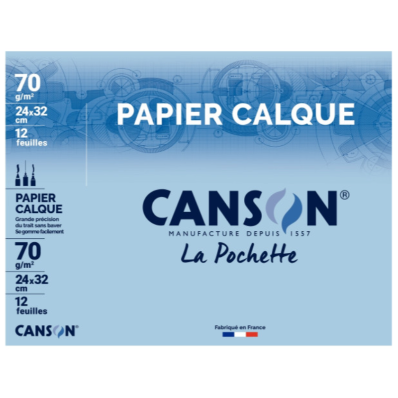 Papier calque 70gr 24 x 32cm pochette 12 feuilles, Canson