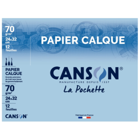 Papier calque 70gr 24 x 32cm pochette 12 feuilles, Canson