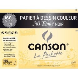 Papier couleur 160gr 24 x 32cm pochette 12 feuilles Mi-Teintes Noir