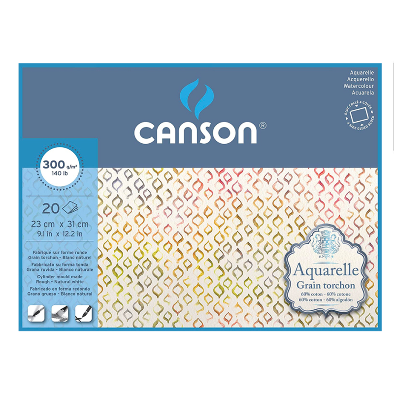 Papier aquarelle 300gr cotton torchon 23 x 31 cm bloc 20 feuilles Aquarelle